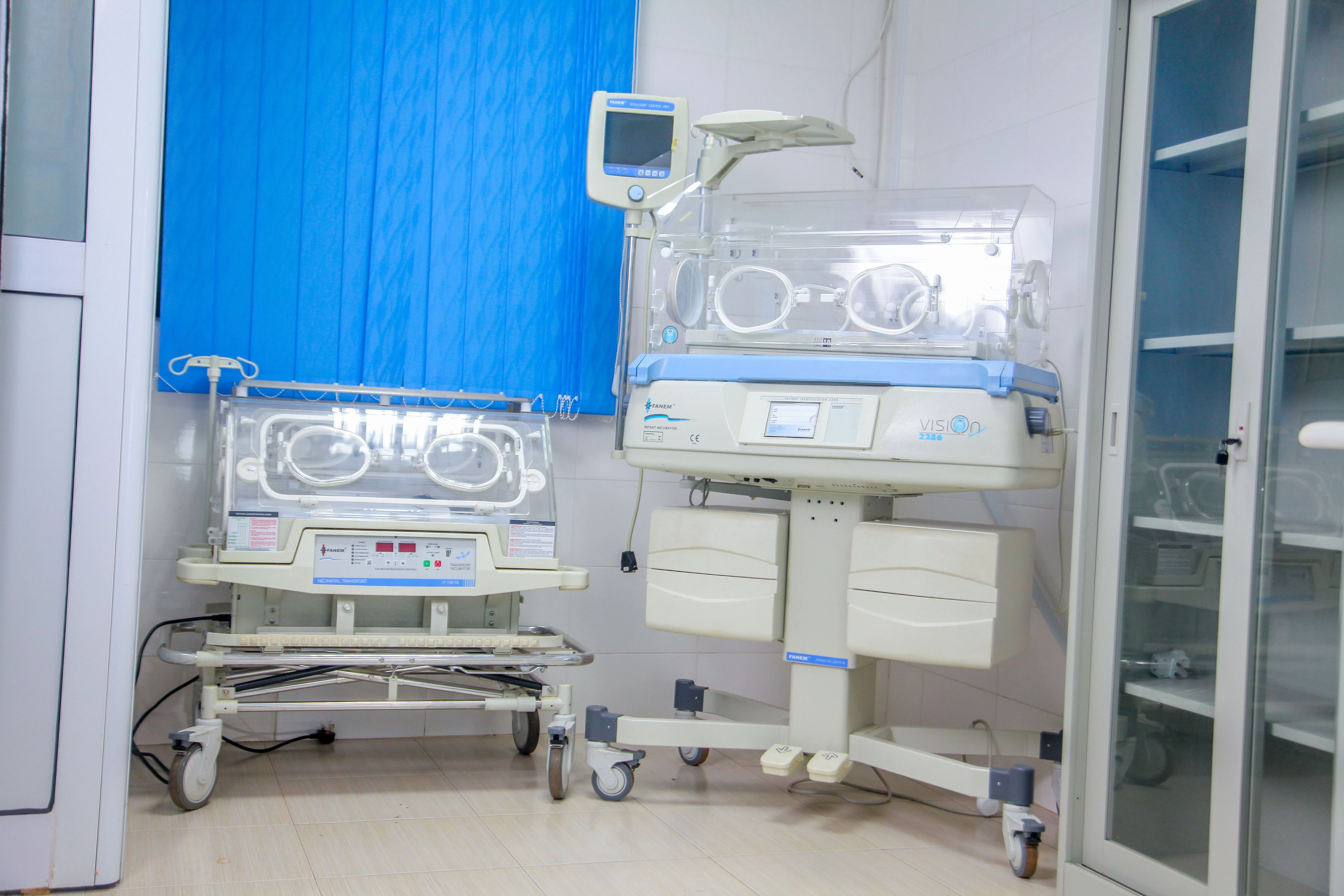 Neonatal incubators in an unoccupied room at SamJ Hospital